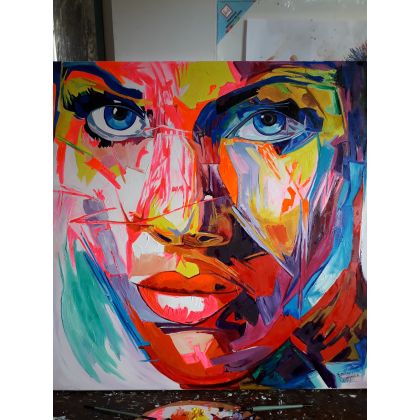 Duży obraz - kobieta w akrylach 100x100, Emilia Czupryńska, olej + akryl