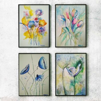 Kwiaty- cztery akwarele, Paulina Lebida, obrazy akwarela