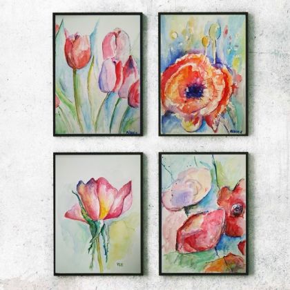 Kwiaty- cztery akwarele, Paulina Lebida, obrazy akwarela