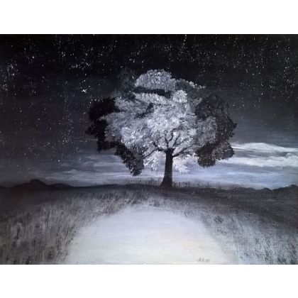Samotne drzewo w poświacie księżyca., Bogumiła Szufnara, obrazy akryl