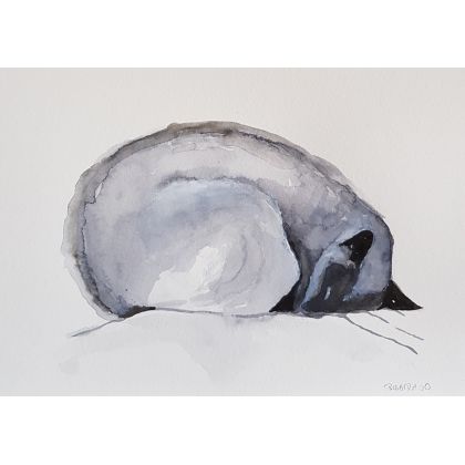 Śpiący kot -  praca wykonana tuszem, Paulina Lebida, obrazy akwarela