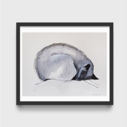Paulina Lebida - obrazy akwarela - Śpiący kot -  praca wykonana tuszem foto #1