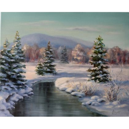 Pejzaż Zimowy,  ręcznie malowany, Lidia Olbrycht, obrazy olejne