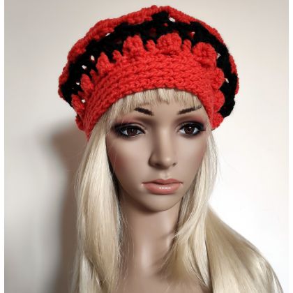 Ozdobny, ażurowy beret w paseczki, Moon Light, berety,kaszkiety