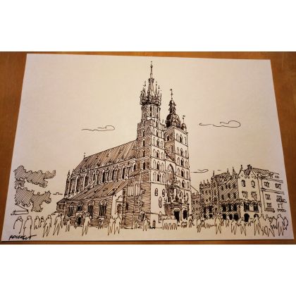 Jan Poczobut - rysunek tuszem - KOŚCIÓŁ MARIACKI W KRAKOWIE foto #1