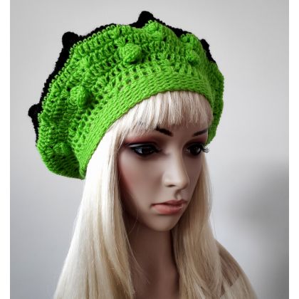 Moon Light - berety,kaszkiety - Ozdobny, czarno-zielony beret w paseczki foto #3
