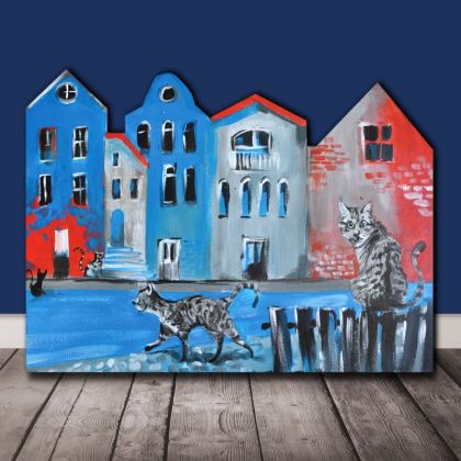 Kocie miasteczko. Unikatowy kształt. Ręcznie malowane, Anawa-art, obrazy akryl