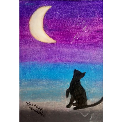Kot wpatrzony w księżyc, Bożena Ronowska, pastele olejne