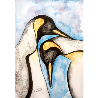 Zakochane pingwiny, Bożena Ronowska, obrazy akwarela