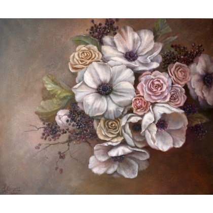 Anemony i Róże, ręcznie malowany,, Lidia Olbrycht, obrazy olejne
