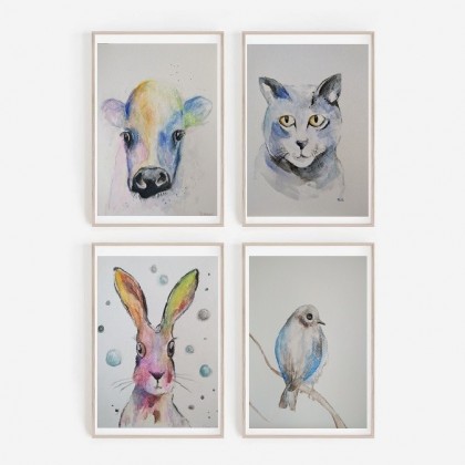 Cztery  akwarele-zwierzęta, Paulina Lebida, obrazy akwarela