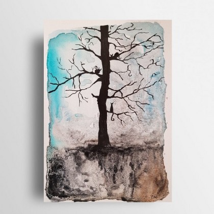 Drzewo z kotami -  akwarela, Paulina Lebida, obrazy akwarela