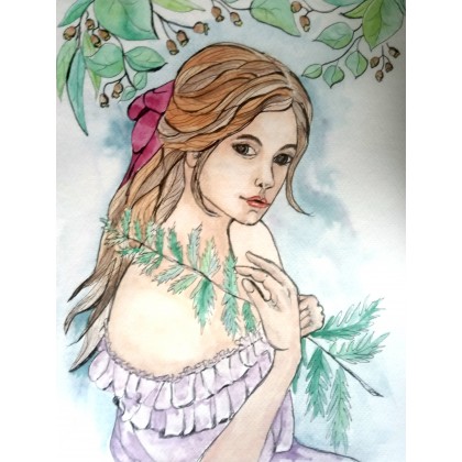 Dziewczyna z liściem paproci, Bożena Ronowska, obrazy akwarela