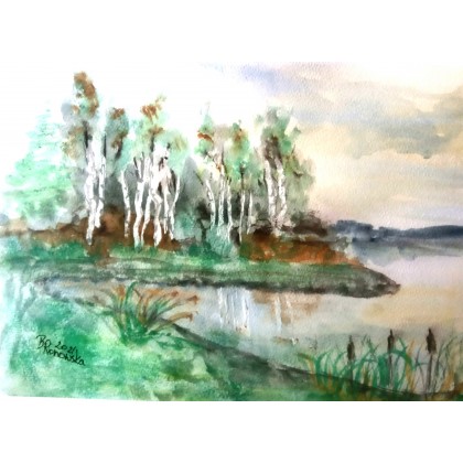 Brzozy nad jeziorem, Bożena Ronowska, obrazy akwarela