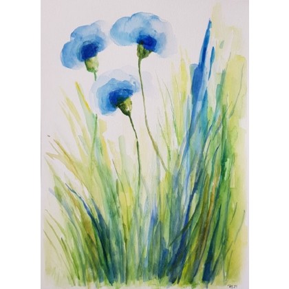 Niebieskie kwiaty -akwarela, Paulina Lebida, obrazy akwarela