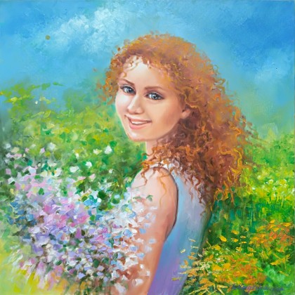 WIOSNA -dziewczyna z bukietem kwiatów, Izabela Krzyszkowska , obrazy olejne