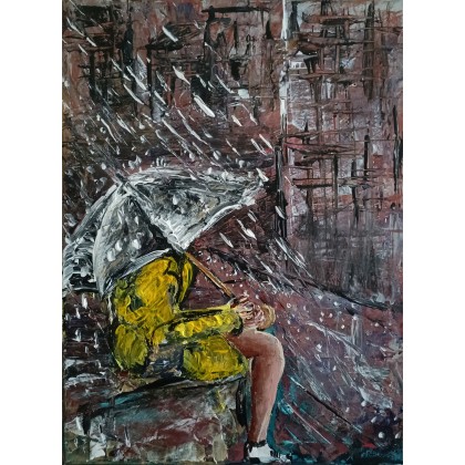 Dziewczyna w żółtym płaszczu, Wojciech Matuszny, obrazy akryl